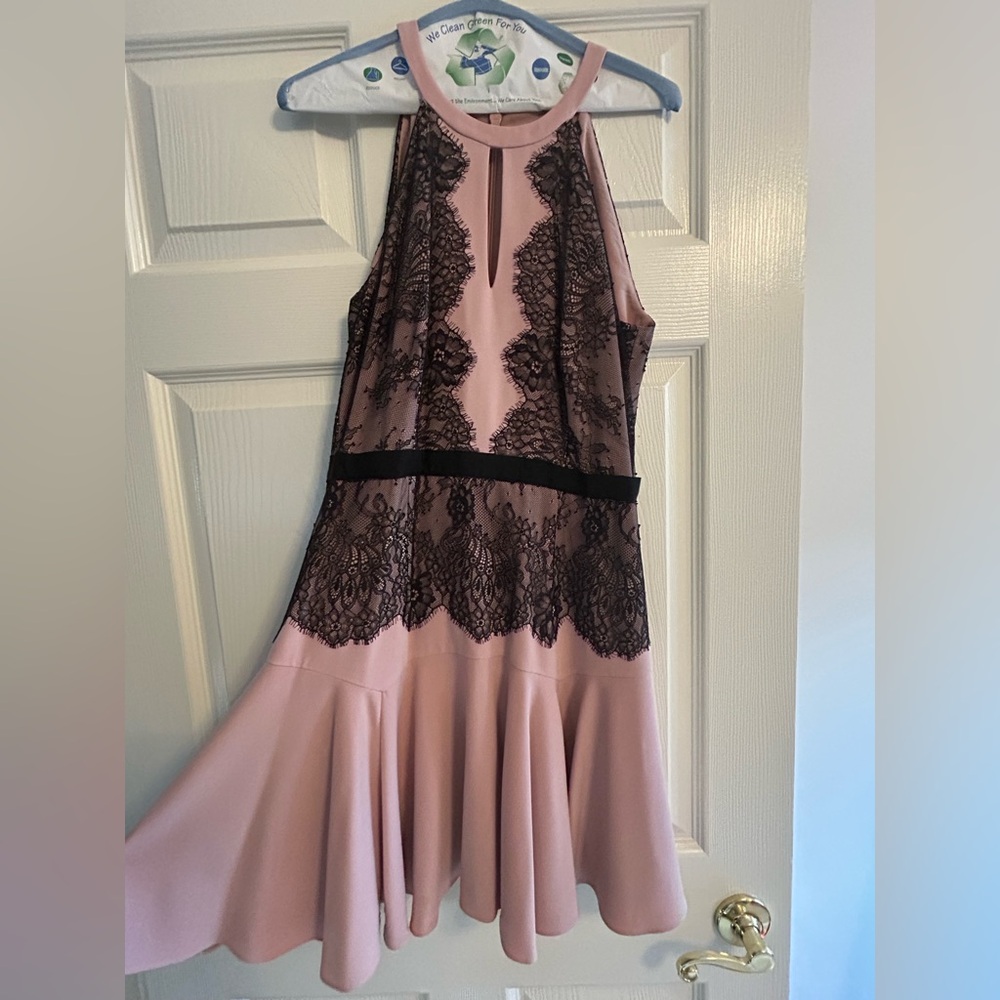 BCBG Maxazria Elegant Pink Dress with Black Lace Overlay